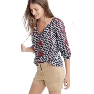 J. CREW Women's Blue Embroidered Smocked Top Blouse 3/4 Sleeve Sz 12